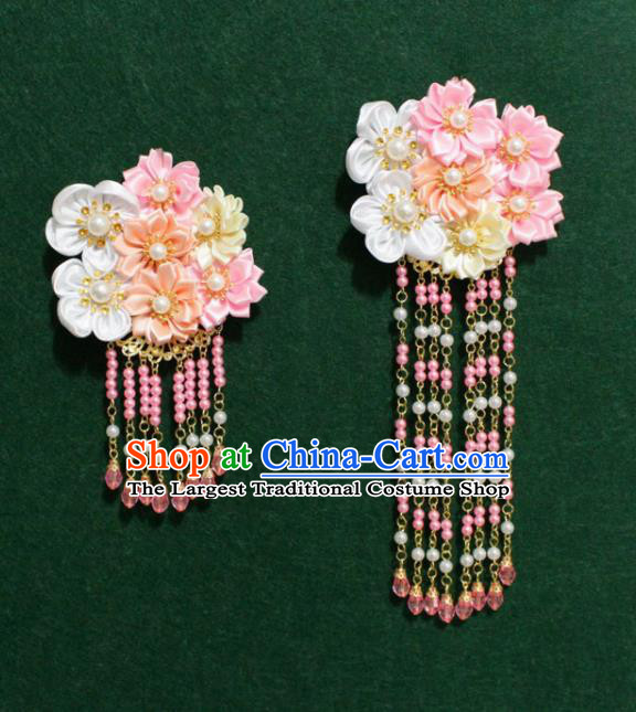 Traditional Chinese Ancient Tang Dynasty Palace Pink Flowers Tassel Hair Claw Hairpins Handmade Wedding Hair Accessories for Women
