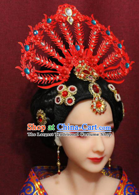 Traditional Chinese Ancient Hanfu Red Phoenix Coronet Bride Hairpins Handmade Wedding Hair Accessories for Women