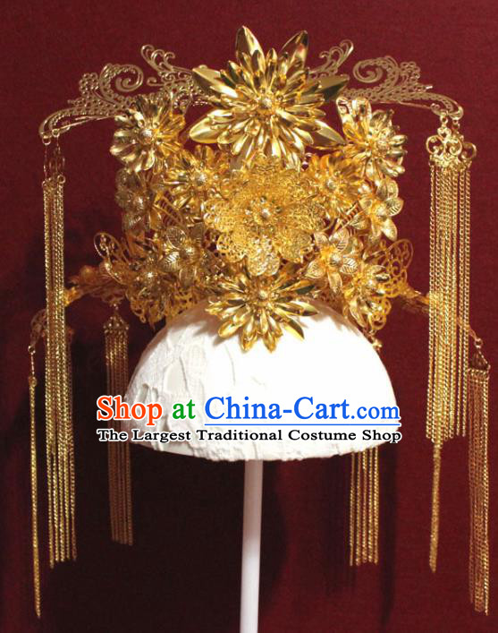 Traditional Chinese Ancient Queen Hanfu Golden Phoenix Coronet Bride Hairpins Handmade Wedding Hair Accessories for Women