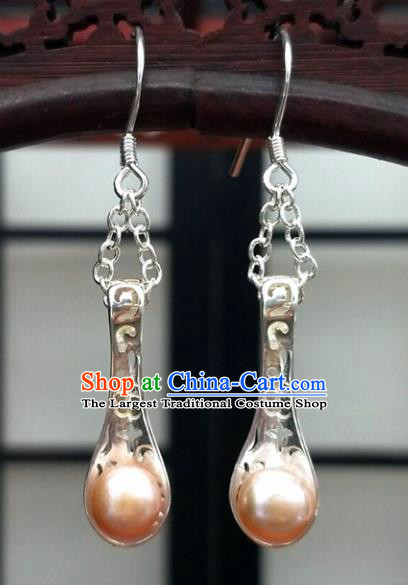 Traditional Chinese Ancient Hanfu Pink Pearl Tassel Earrings Handmade Wedding Jewelry Accessories for Women