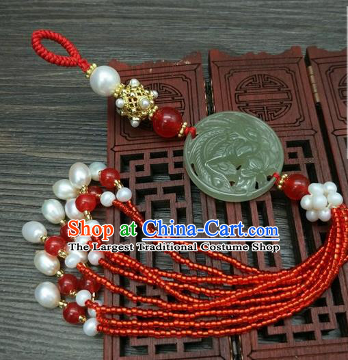 Traditional Chinese Ancient Wedding Jade Brooch Handmade Hanfu Palace Breastpin Tassel Pendant for Women