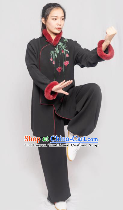 Traditional Chinese Martial Arts Embroidered Winter Black Costume Professional Tai Chi Competition Kung Fu Uniform for Women