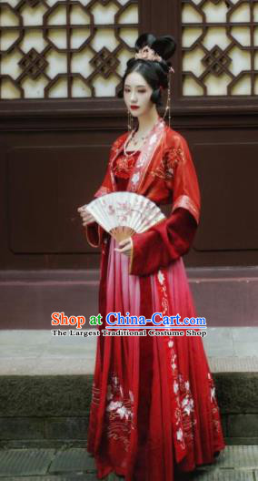 Chinese Traditional Tang Dynasty Princess Wedding Historical Costume Ancient Court Embroidered Red Hanfu Dress for Women