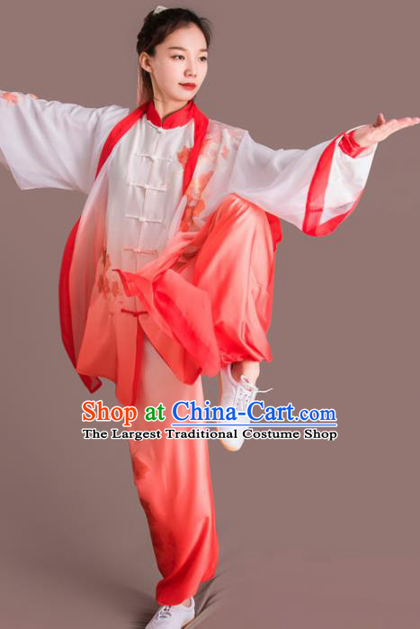 Traditional Chinese Martial Arts Embroidered Rosy Silk Costume Professional Tai Chi Competition Kung Fu Uniform for Women