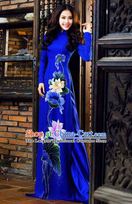 Vietnam Traditional National Costume Printing Lotus Royalblue Ao Dai Dress Asian Vietnamese Cheongsam for Women