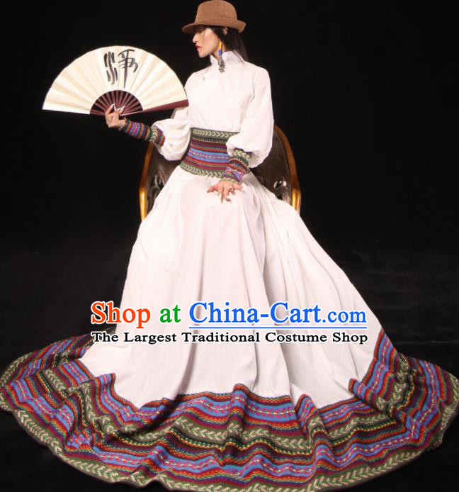 Chinese National Mongol Nationality White Dress Traditional Mongolian Ethnic Costume for Women