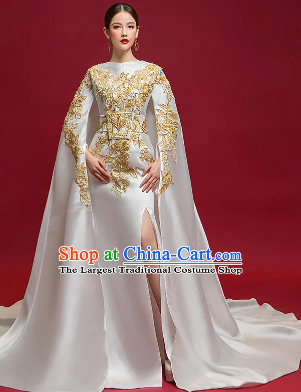 Chinese National Catwalks Embroidered Full Dress Traditional Compere Cheongsam for Women