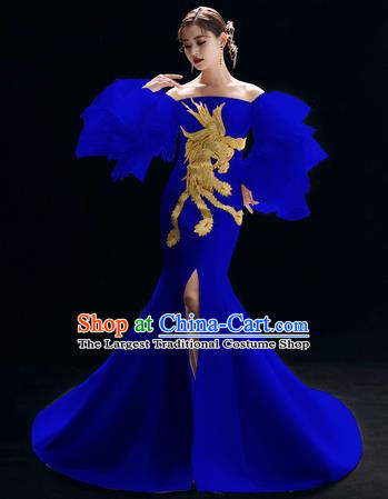 Top Grade Catwalks Embroidered Royalblue Full Dress Modern Dance Party Compere Costume for Women