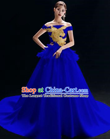 Top Grade Catwalks Royalblue Trailing Full Dress Modern Dance Party Compere Embroidered Costume for Women