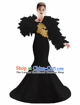 Top Grade Catwalks Black Feather Trailing Full Dress Modern Dance Party Compere Embroidered Costume for Women