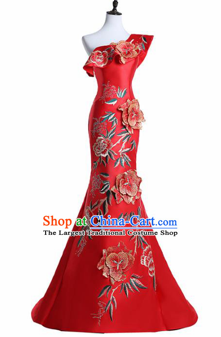 Chinese National Catwalks Costume Embroidered Peony Red Cheongsam Traditional Tang Suit Qipao Dress for Women