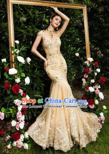 Top Grade Compere Costume Wedding Dress Modern Dance Party Catwalks Golden Full Dress for Women