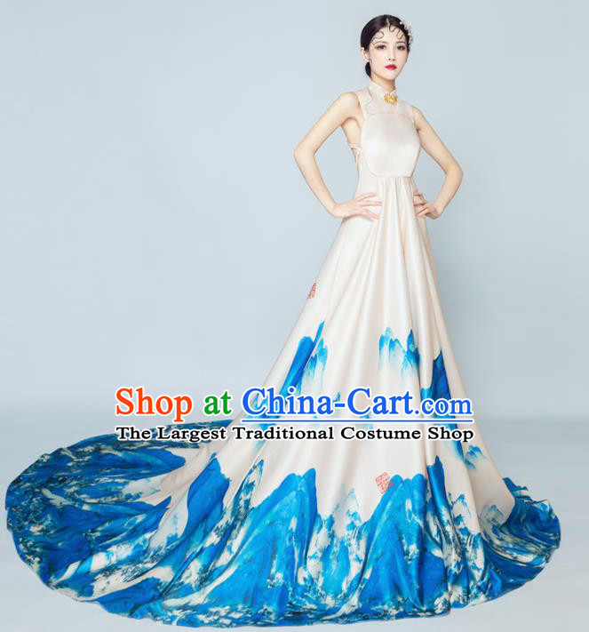Top Grade Chorus Compere Costume Modern Dance Party Catwalks Printing Mountain Trailing Full Dress for Women