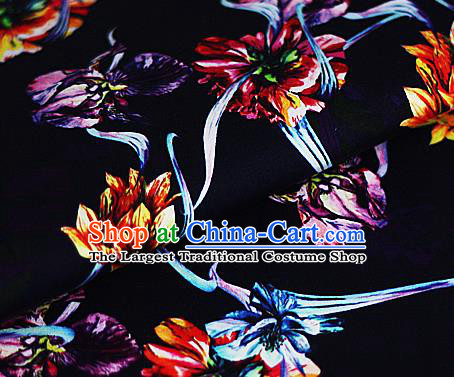 Chinese Classical Printing Flowers Pattern Design Black Brocade Cheongsam Silk Fabric Chinese Traditional Satin Fabric Material