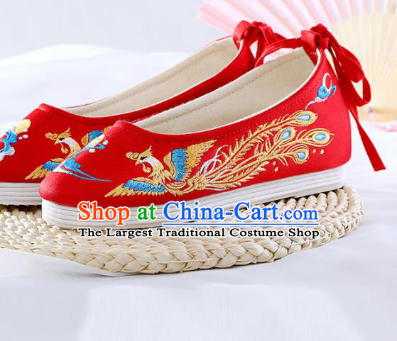 Chinese Traditional Hanfu Shoes Red Embroidered Phoenix Shoes Handmade Ancient Princess Shoes for Women