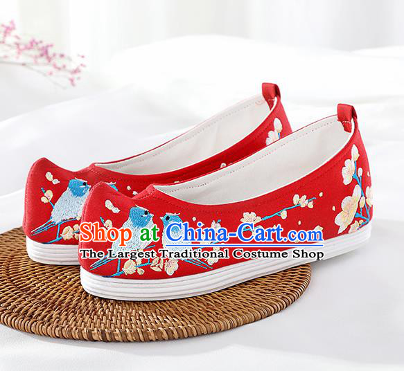 Chinese Traditional Hanfu Shoes Red Embroidered Birds Shoes Handmade Ancient Princess Shoes for Women