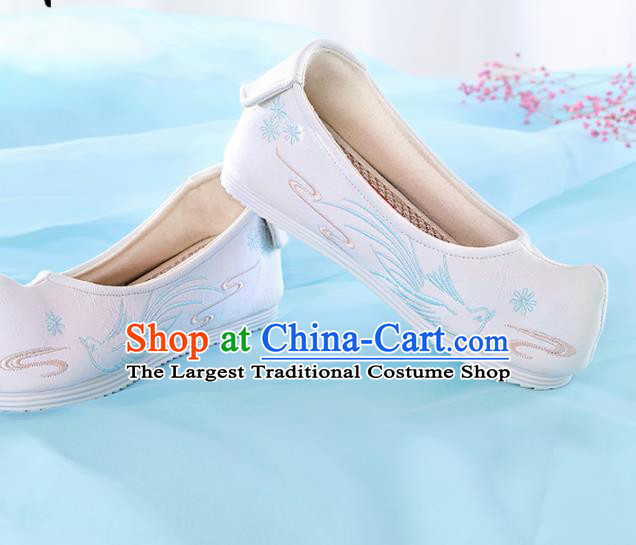 Chinese Traditional Hanfu Shoes Embroidered Bird White Shoes Handmade Ancient Princess Shoes for Women