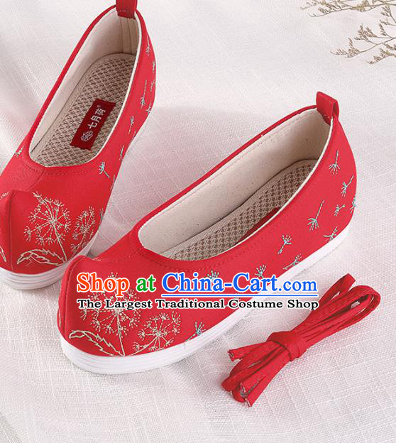 Chinese Traditional Hanfu Cloth Shoes Embroidered Dandelion Red Shoes Handmade Ancient Princess Shoes for Women