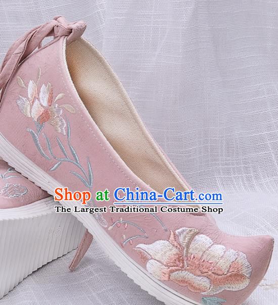 Chinese Traditional Embroidered Peony Pink Shoes Hanfu Cloth Shoes Handmade Ancient Princess Shoes for Women