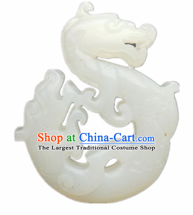 Chinese Ancient Jewelry Accessories Carving Dragon White Jade Pendant Traditional Handmade Jade Craft Decoration