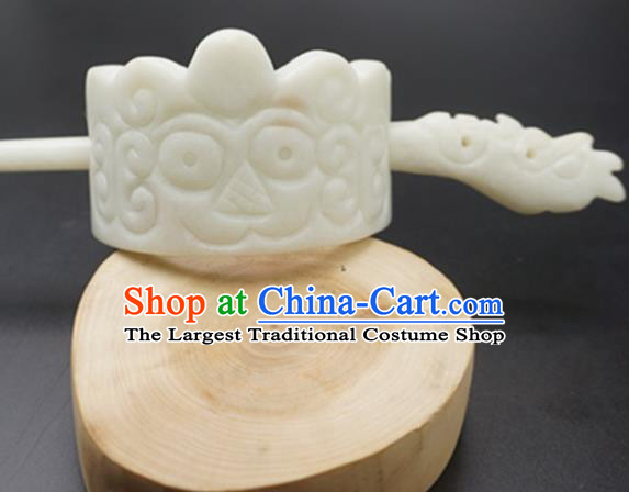 Handmade Chinese White Jade Carving Beast Hairdo Crown Ancient Swordsman Jade Hairpins Hair Accessories for Women for Men