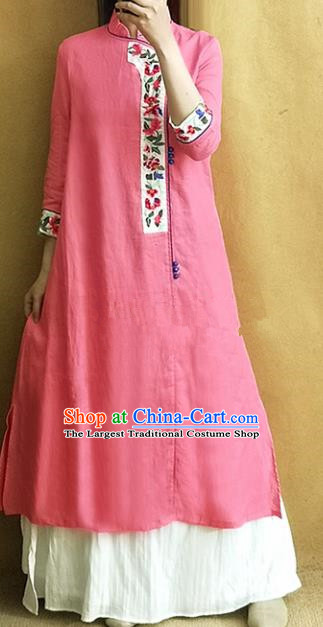 Traditional Chinese Tang Suit Cheongsam Embroidered Pink Qipao Dress National Costume for Women