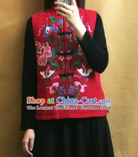 Traditional Chinese Embroidered Peony Red Vest Tang Suit Upper Outer Garment National Costume for Women