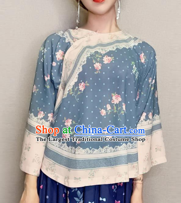 Traditional Chinese Tang Suit Slant Opening Blue Blouse Upper Outer Garment National Costume for Women