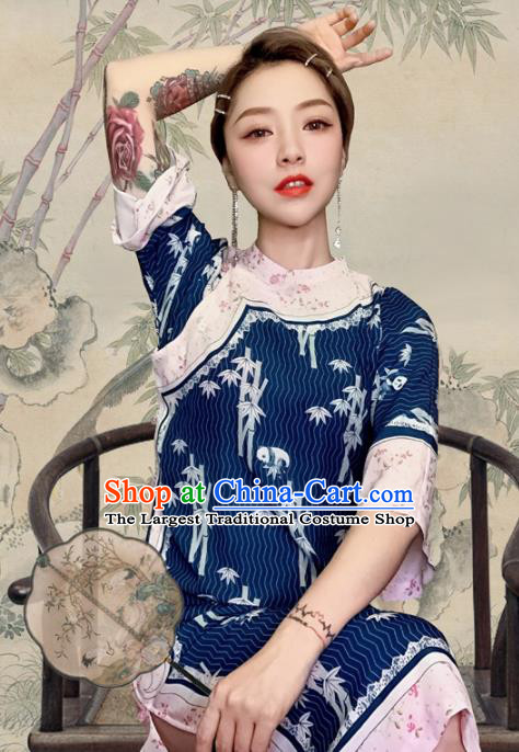 Traditional Chinese Printing Bamboo Royalblue Cheongsam Tang Suit Qipao Dress National Costume for Women