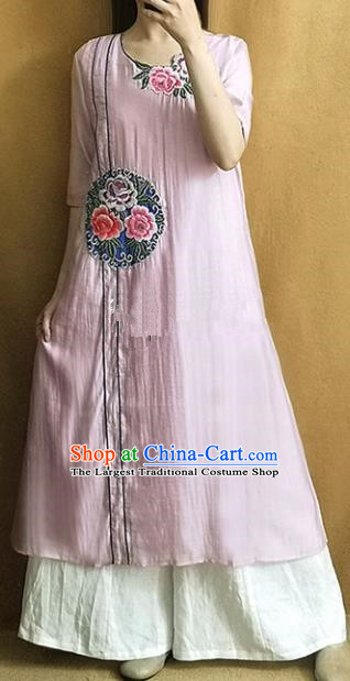 Traditional Chinese Embroidered Peony Lilac Linen Cheongsam Qipao Dress Tang Suit National Costume for Women