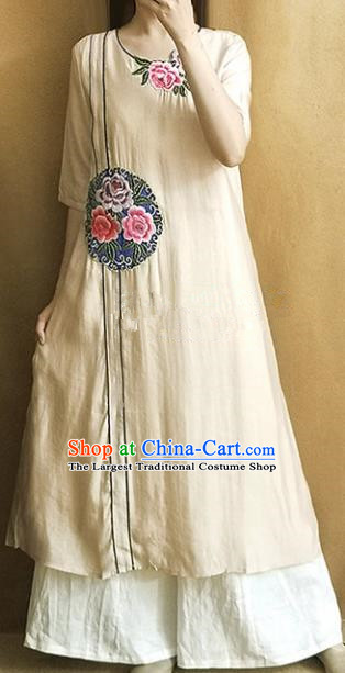Traditional Chinese Embroidered Peony Light Yellow Linen Cheongsam Qipao Dress Tang Suit National Costume for Women