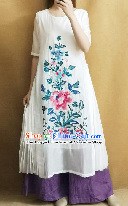 Traditional Chinese Embroidered Peony White Rayon Cheongsam Qipao Dress Tang Suit National Costume for Women