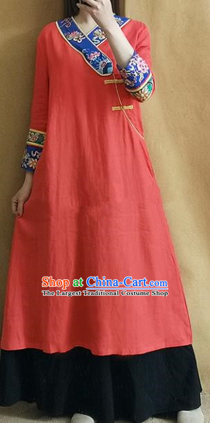 Traditional Chinese Embroidered Lotus Red Linen Qipao Dress Tang Suit Cheongsam National Costume for Women