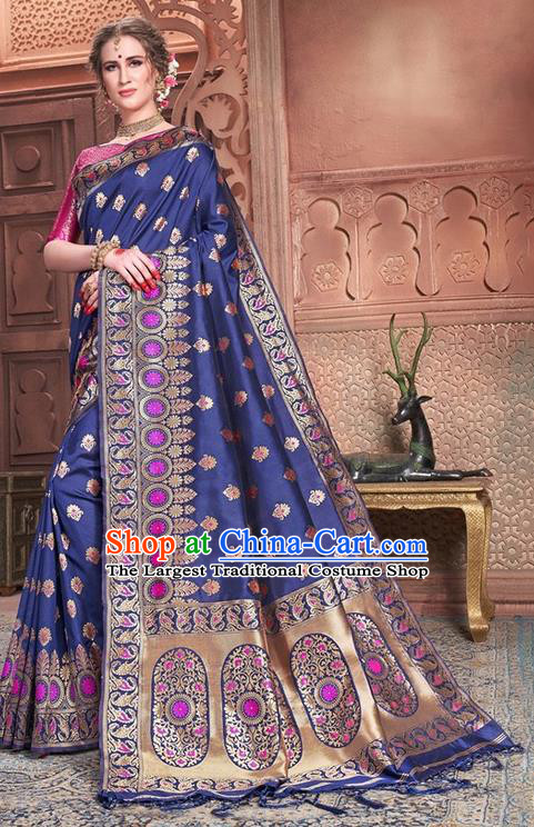 Indian Traditional Costume Asian India Embroidered Royalblue Sari Dress Bollywood Court Queen Clothing for Women