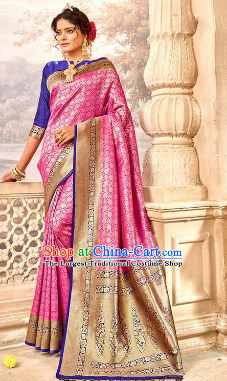 Indian Traditional Costume Asian India Rosy Brocade Sari Dress Bollywood Court Queen Clothing for Women