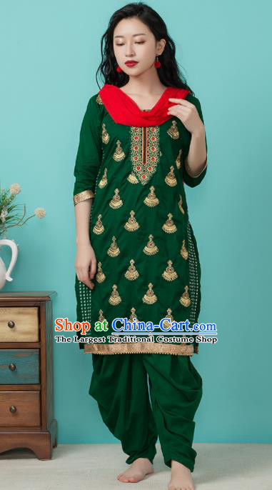 Asian India Traditional Punjabi Costumes South Asia Indian National Informal Atrovirens Blouse and Pants for Women