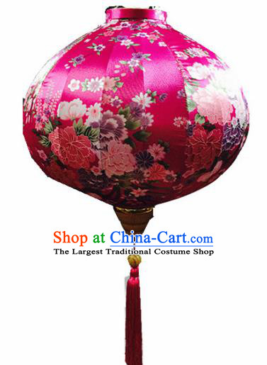 Chinese Traditional Lantern Handmade Printing Peony Rosy Silk Lanterns Ceiling Lamp New Year Lantern