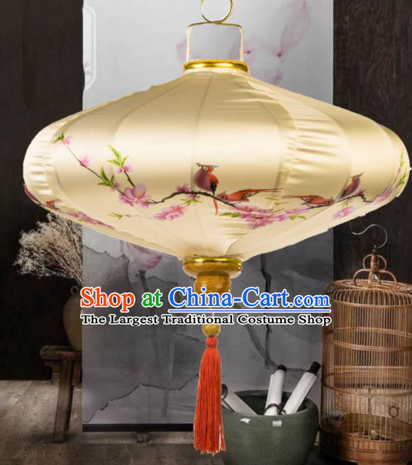 Chinese Traditional Lantern Handmade Printing Bird Beige Lanterns Ceiling Lamp New Year Lantern