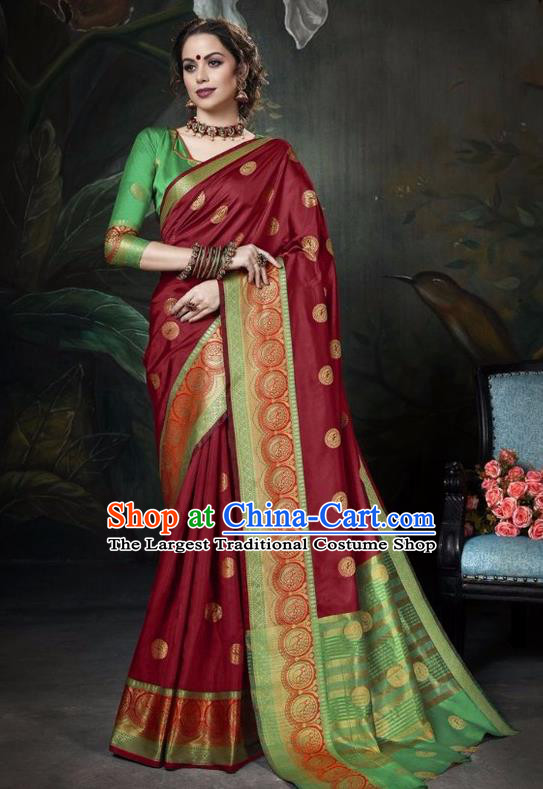 Asian India Traditional Bollywood Wine Red Sari Dress Indian Court Queen Costume for Women