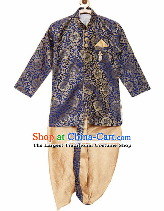 Asian India Traditional Costumes South Asia Indian National Royalblue Shirt and Golden Pants for Kids