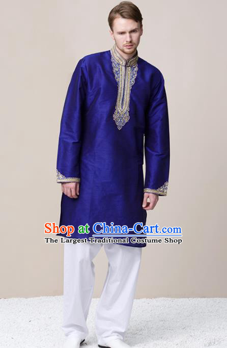 Asian India Traditional Wedding Costume South Asia Indian National Bridegroom Blue Shirt and Pants for Men