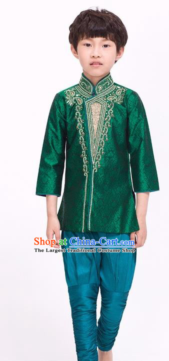 South Asian India Traditional Costume Green Shirt and Pants Asia Indian National Suit for Kids