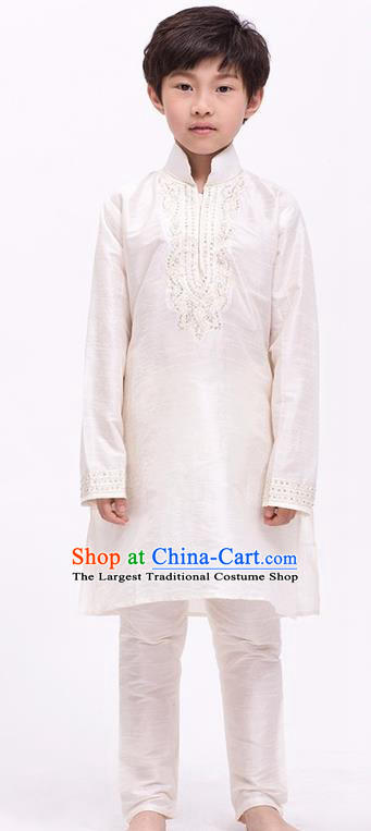South Asian India Traditional Costume Beige Shirt and Pants Asia Indian National Suit for Kids