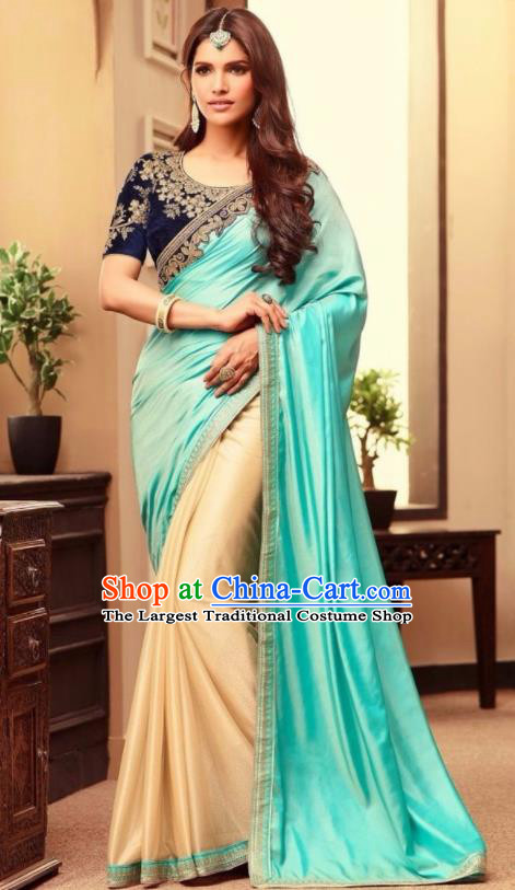 Indian Traditional Court Blue Sari Dress Asian India Princess Bollywood Embroidered Costume for Women