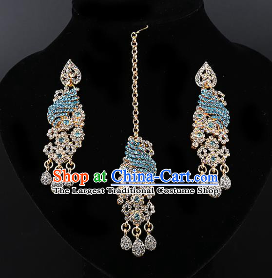 Asian India Traditional Wedding Jewelry Accessories Indian Bollywood Blue Crystal Earrings and Eyebrows Pendant for Women