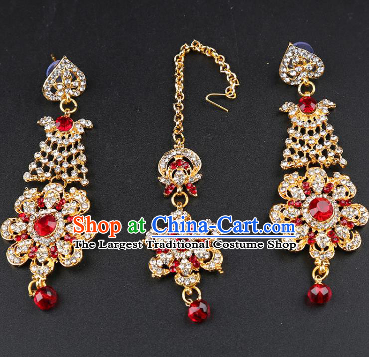 India Traditional Wedding Jewelry Accessories Indian Bollywood Red Crystal Tassel Earrings and Eyebrows Pendant for Women