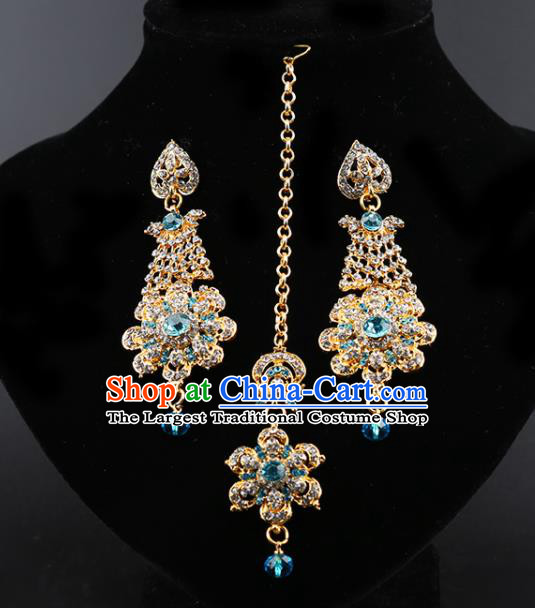 India Traditional Wedding Jewelry Accessories Indian Bollywood Blue Crystal Tassel Earrings and Eyebrows Pendant for Women