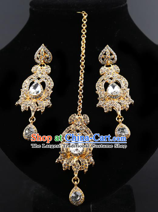 Indian Traditional Wedding Crystal Earrings and Eyebrows Pendant India Bollywood Court Princess Jewelry Accessories for Women