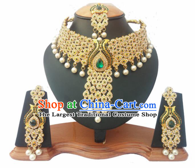 South Asian India Traditional Green Crystal Jewelry Accessories Indian Bollywood Necklace Earrings and Headwear for Women