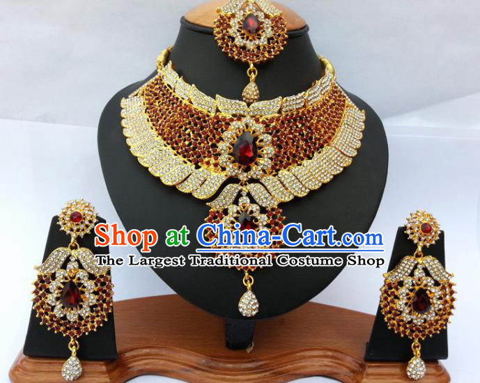 Asian India Traditional Red Crystal Jewelry Accessories Indian Bollywood Necklace Earrings and Headwear for Women